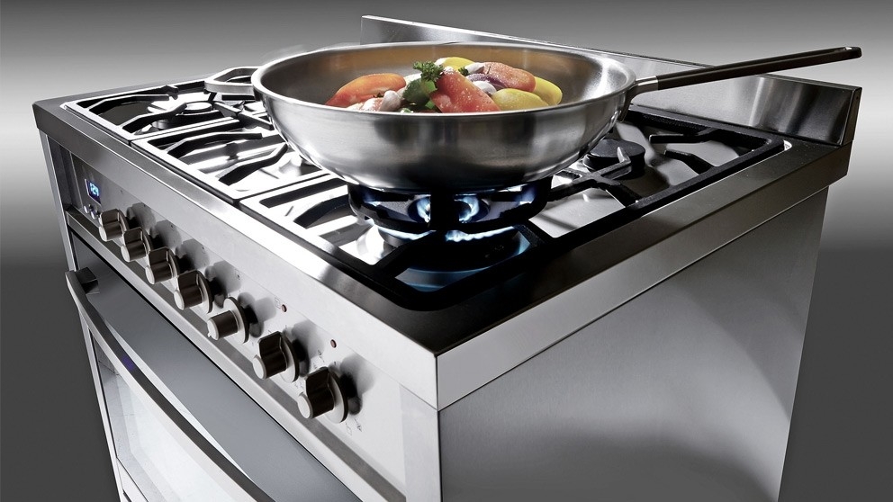 euromaid 900mm freestanding electric oven with double wok gas cooktop